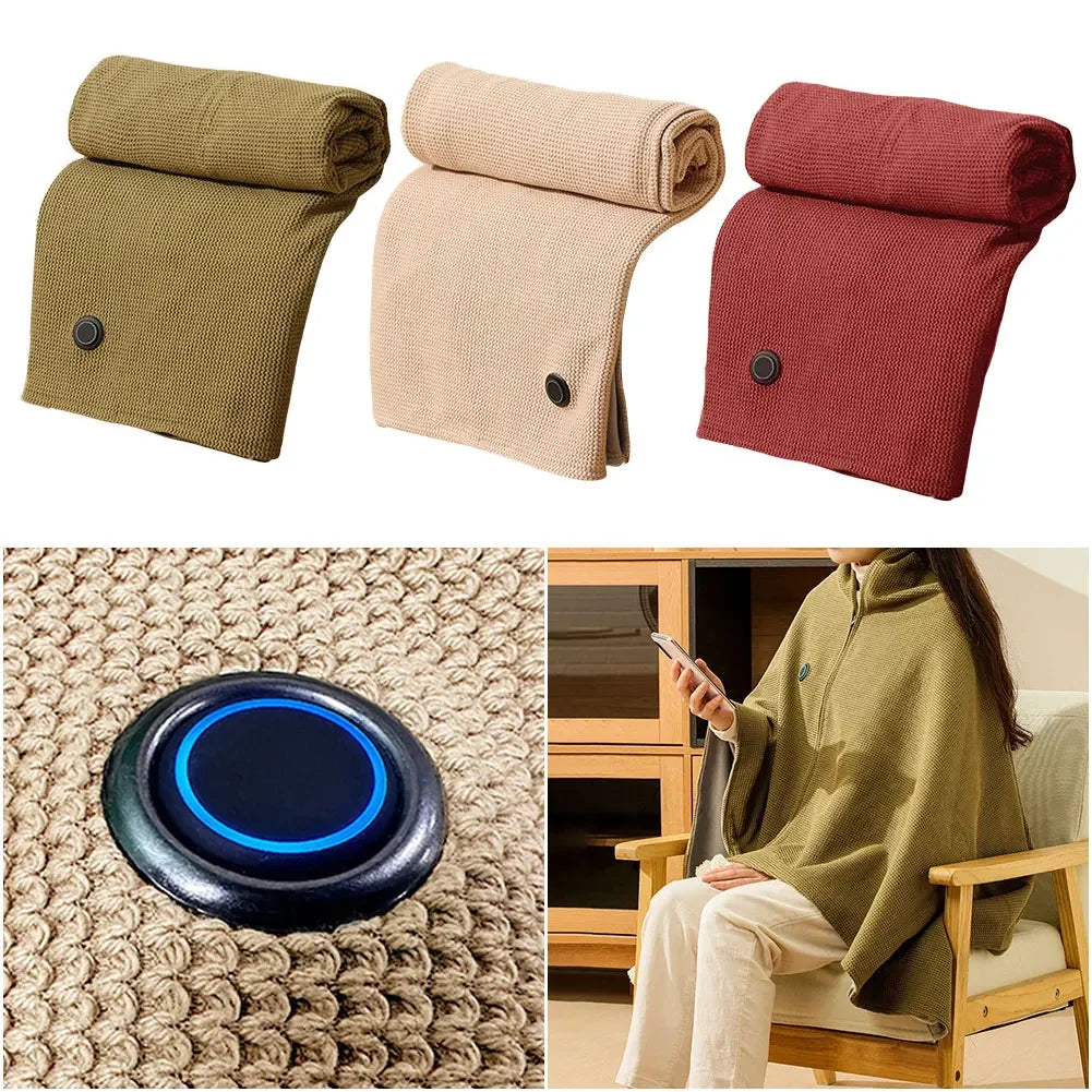 Three rolled-up blankets in different colors with a close-up of a blue light on a textured surface, and a person sitting on a chair using a phone.