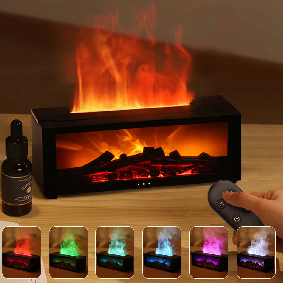 Electric diffuser with flame effects, bottle, and remote control on a wooden surface.