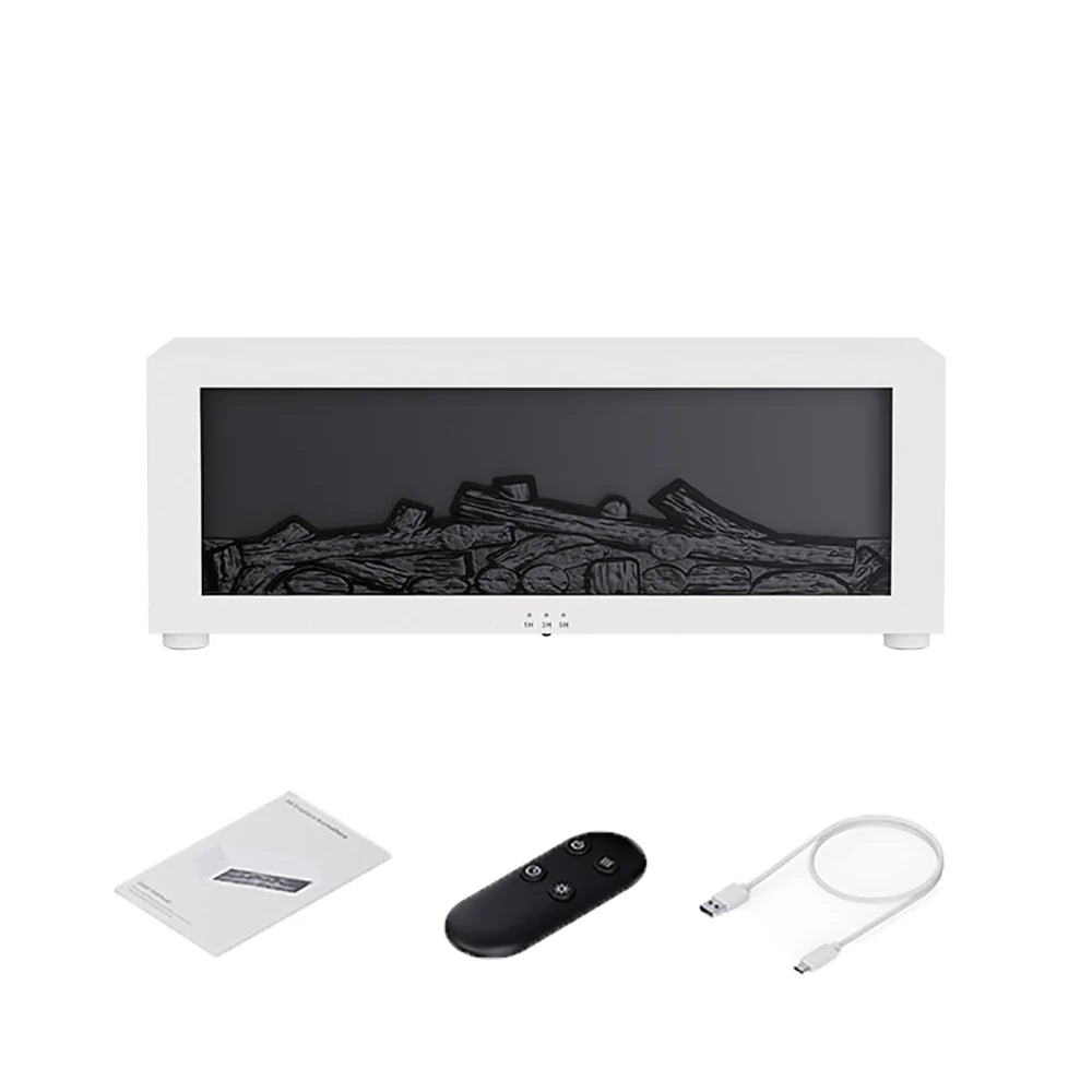Electric fireplace with remote control, power cable, and manual on a white background