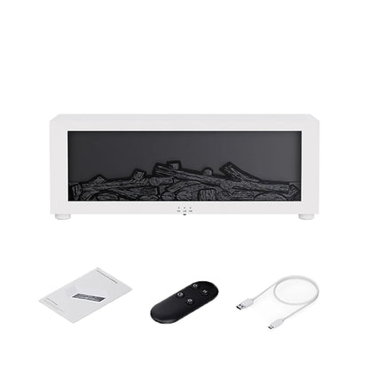 Electric fireplace with remote control, power cable, and manual on a white background