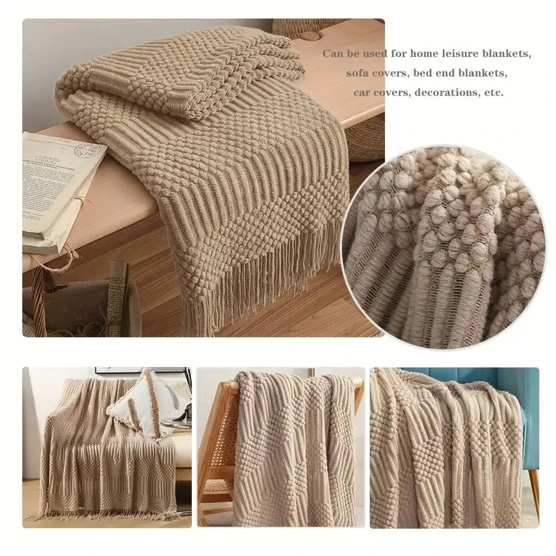 Beige knitted blanket with text on home usage, close-up of texture, and blanket draped over furniture.