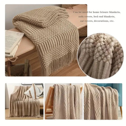 Beige knitted blanket with text on home usage, close-up of texture, and blanket draped over furniture.