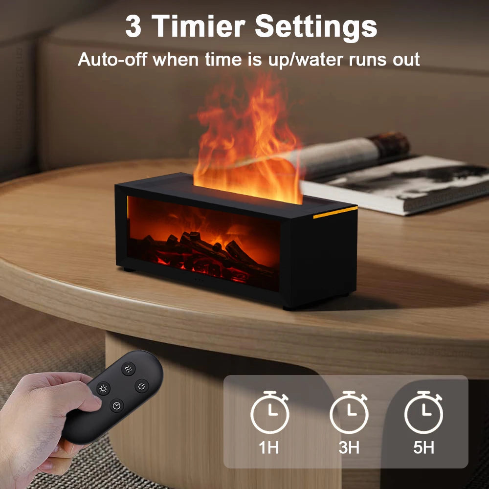 Black rectangular fire pit on a wooden table with remote control and timer settings displayed.
