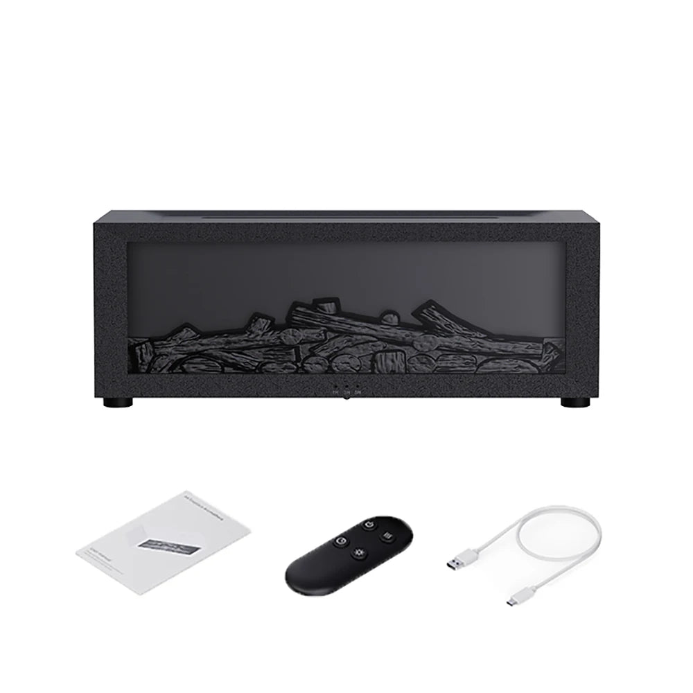 Black electric fireplace with logs, remote control, power cable, and manual on a white background