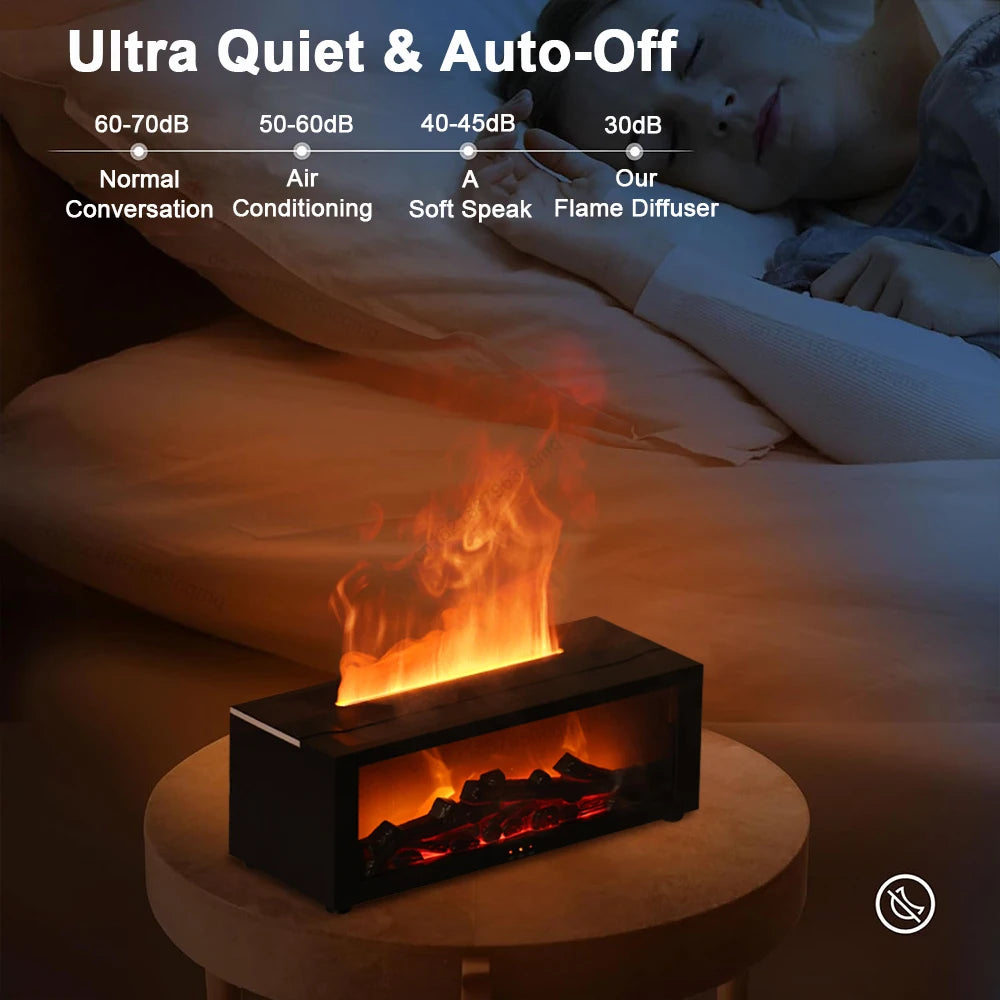 Sleeping person with a flame diffuser emitting flames on a nightstand, showing noise level comparison.
