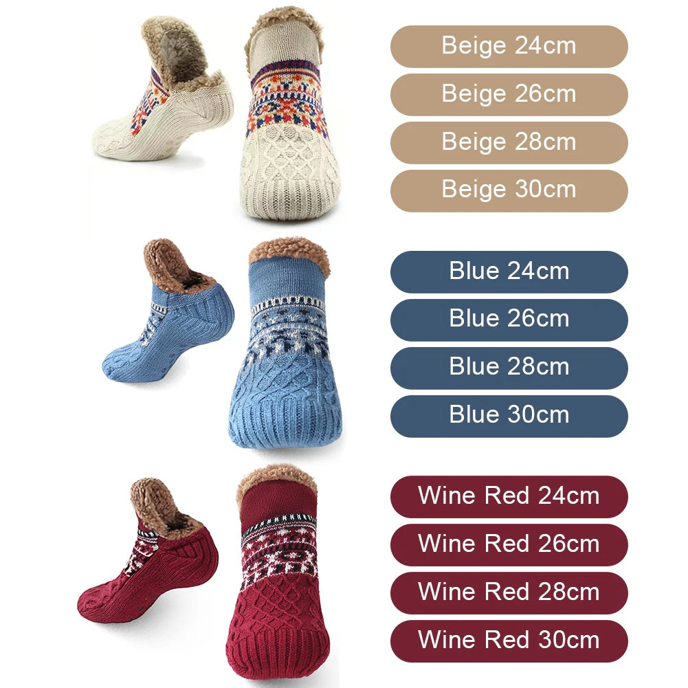 Three pairs of socks in beige, blue, and wine red with size indicators on a white background.