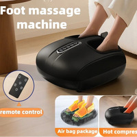 Foot massage machine with remote control, air bag package, and hot compress features on a wooden floor.