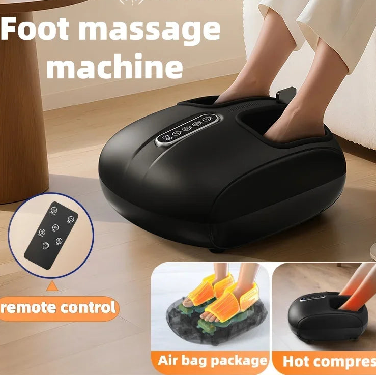 Foot massage machine with remote control, air bag package, and hot compress features on a wooden floor.