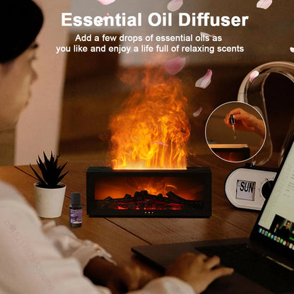 Essential oil diffuser with a cozy indoor setting, including a fire pit and person using a laptop.