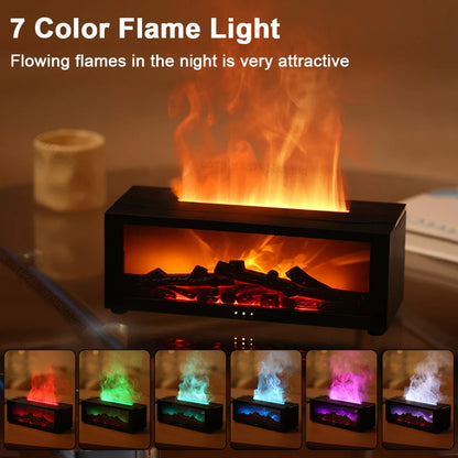 7 color flame light with flowing flames on a reflective surface, surrounded by small logs.