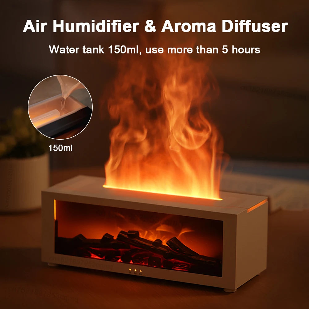 Air humidifier and aroma diffuser with flame effect on a dark background