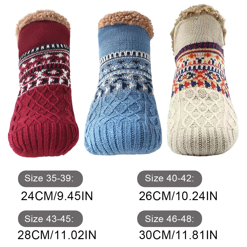 Three pairs of knitted socks in red, blue, and multicolor with size labels below.