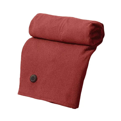 Rolled-up red blanket with a button on a white background