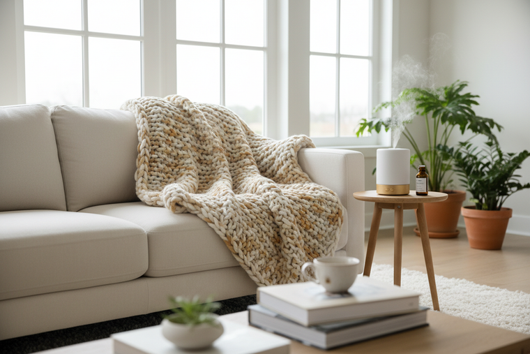 Luxury comfort hero banner with cozy blanket and diffuser